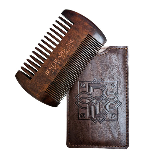 Cherry wood beard comb with leather case